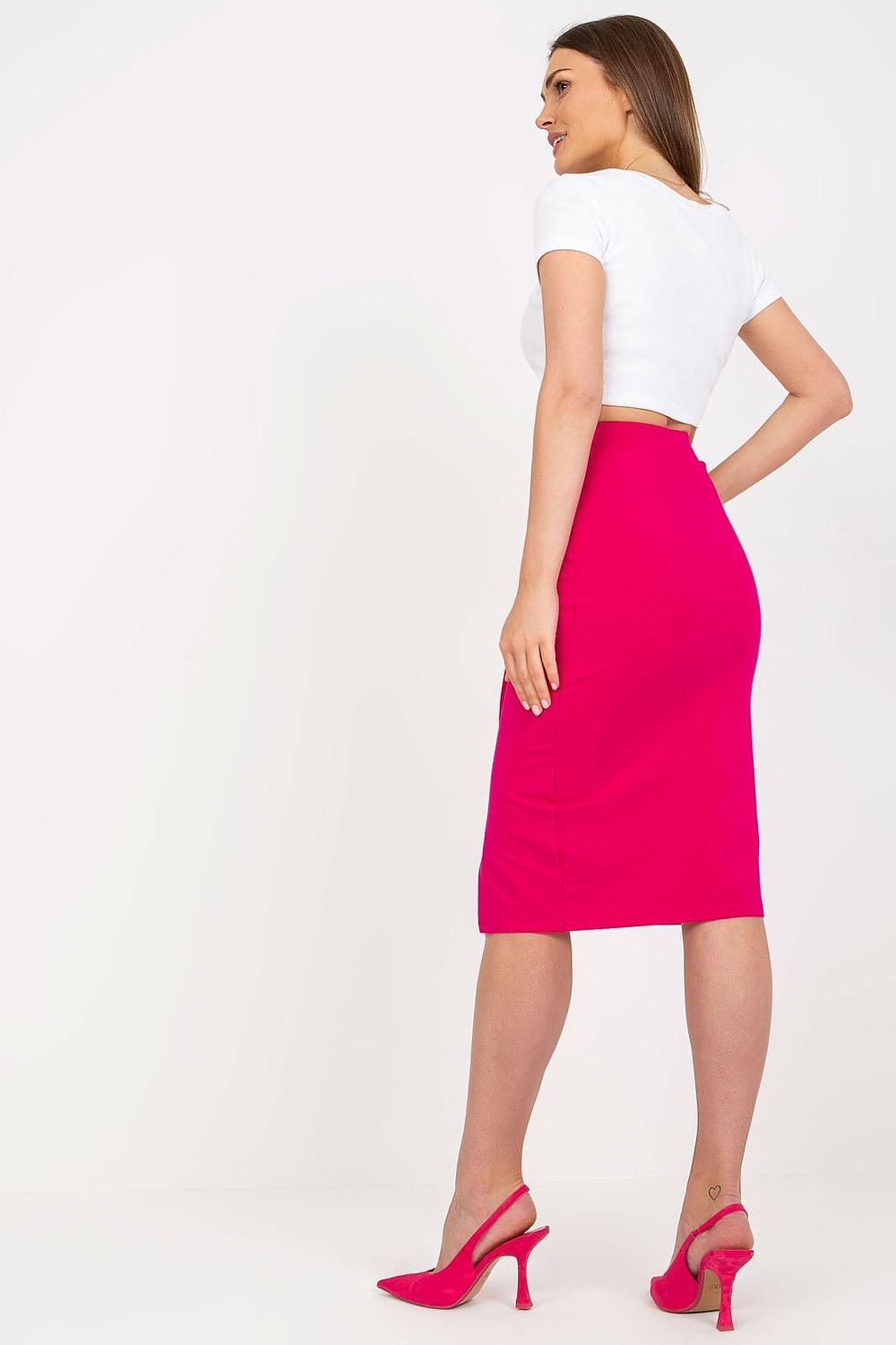 Cotton Pencil Cut Front Overlap Skirt - Neon Pink