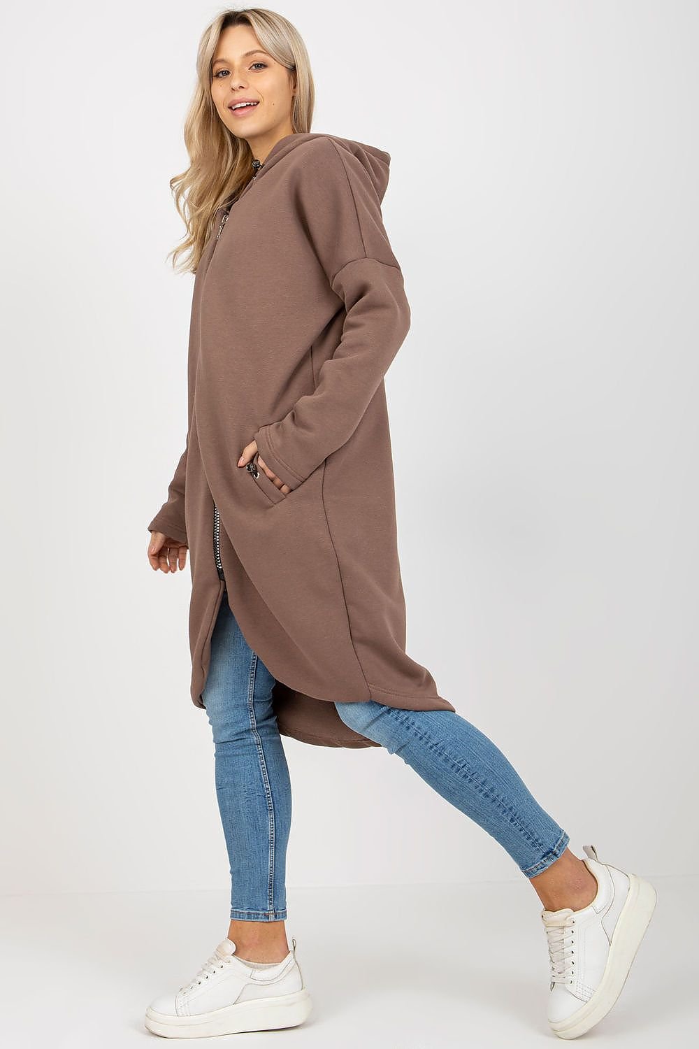 Long Zipped Hoodie Sweatshirt - Latte Brown