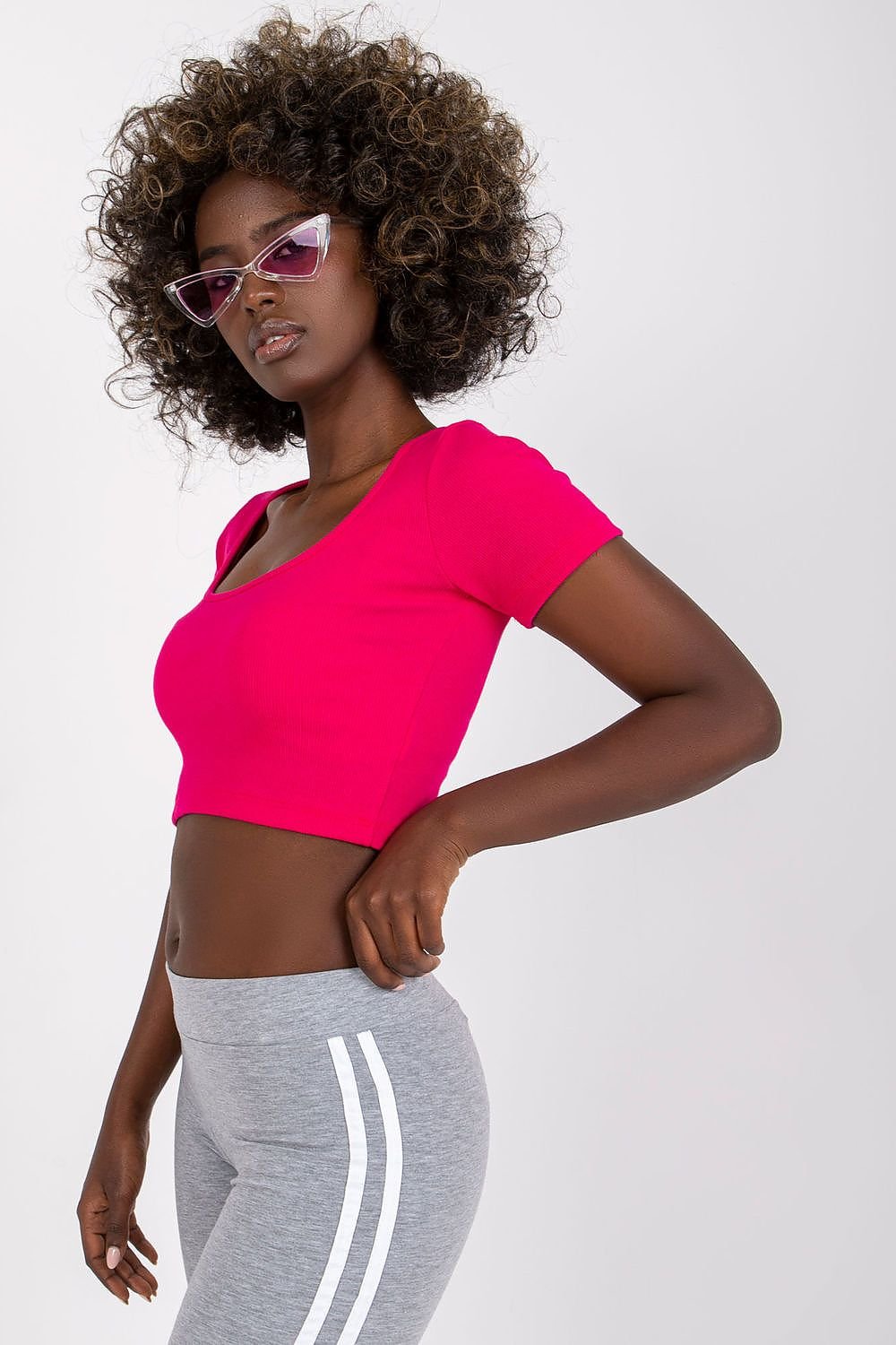 Fitted Cropped Ribbed T-shirt - Hot Pink