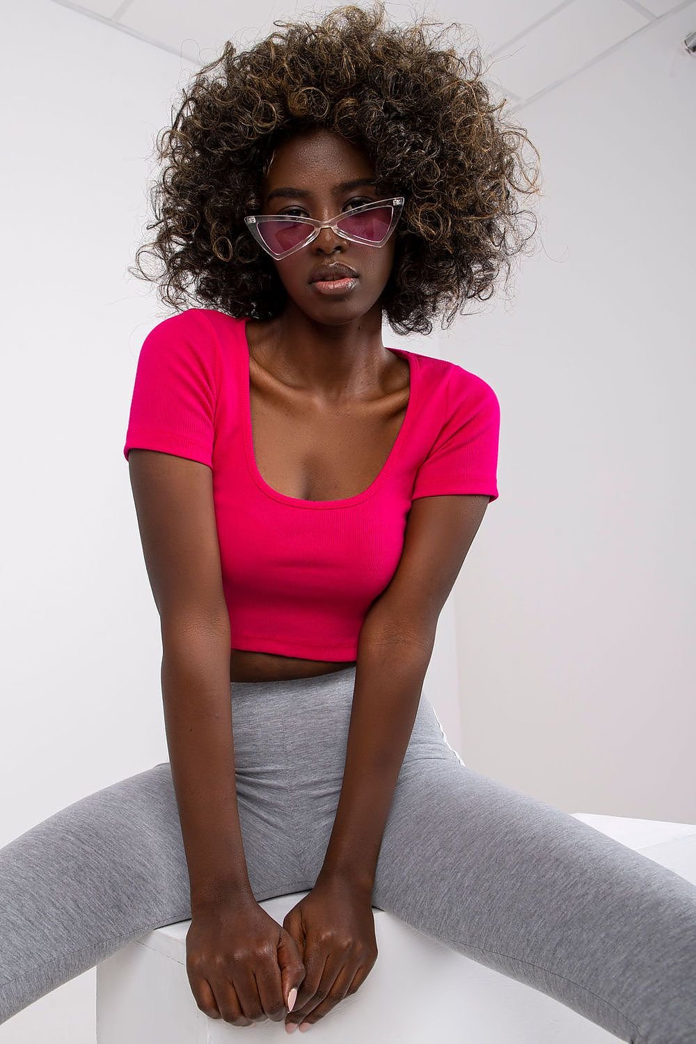 Fitted Cropped Ribbed T-shirt - Hot Pink