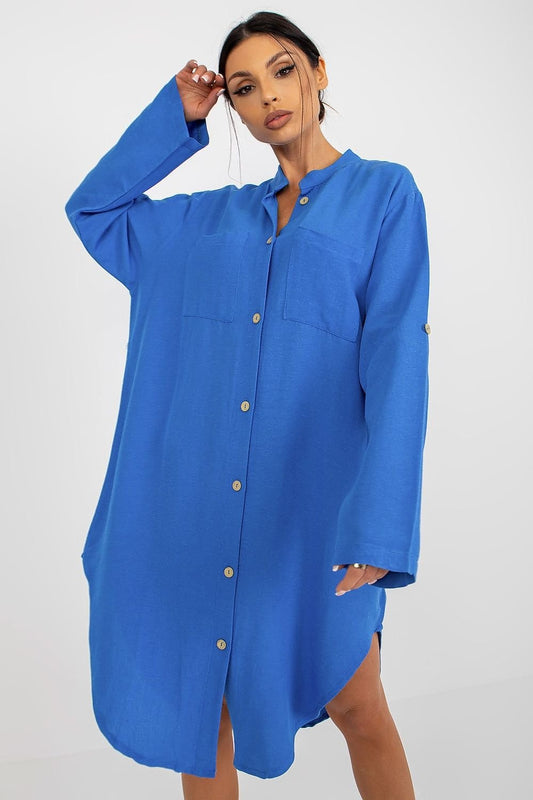 Long Sleeve Button Up Tunic Dress - Blue