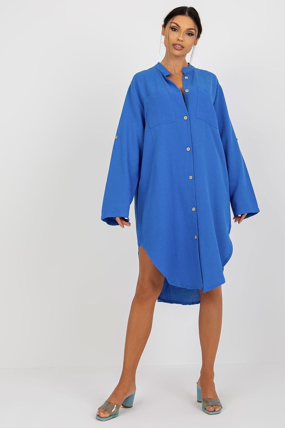 Long Sleeve Button Up Tunic Dress - Blue