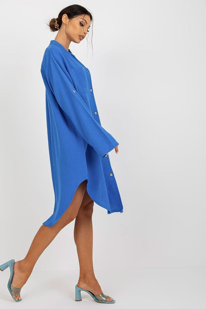 Long Sleeve Button Up Tunic Dress - Blue