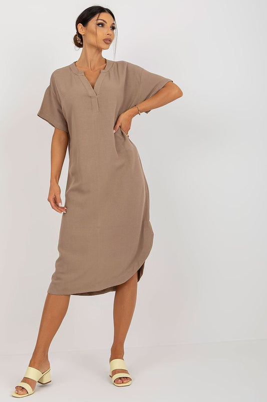 Short Sleeve V Tunic Dress - Sand