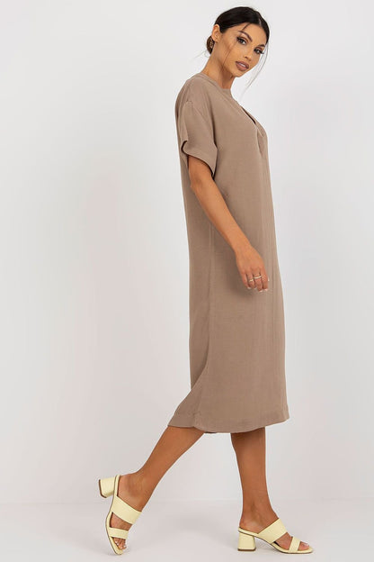 Short Sleeve V Tunic Dress - Sand