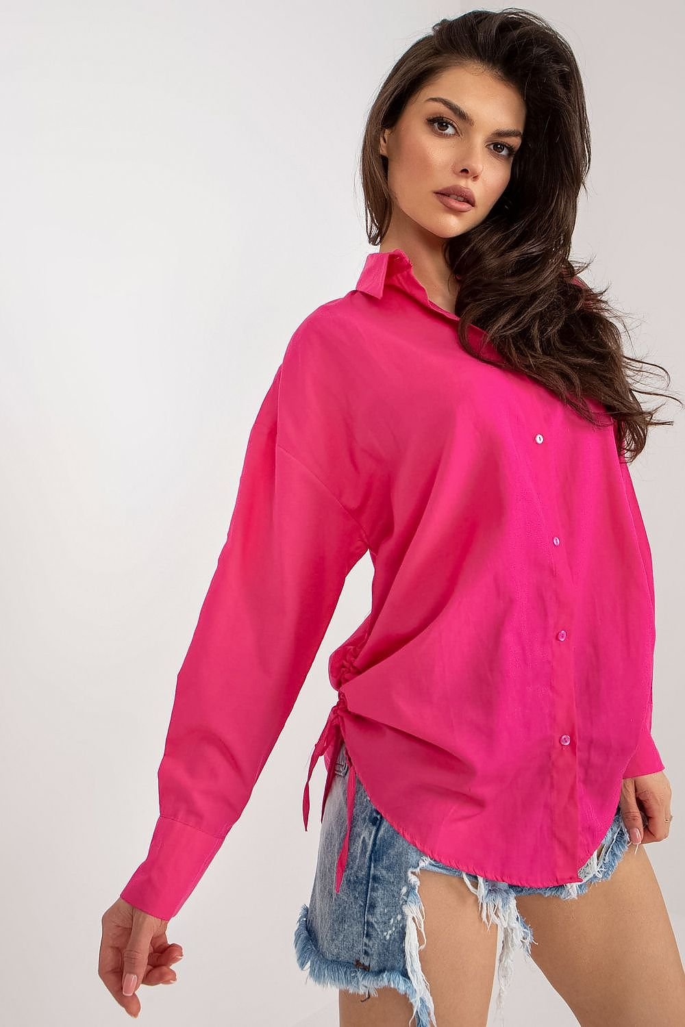 Long Sleeve Button Down Drawstring Sides Top - Hot Pink