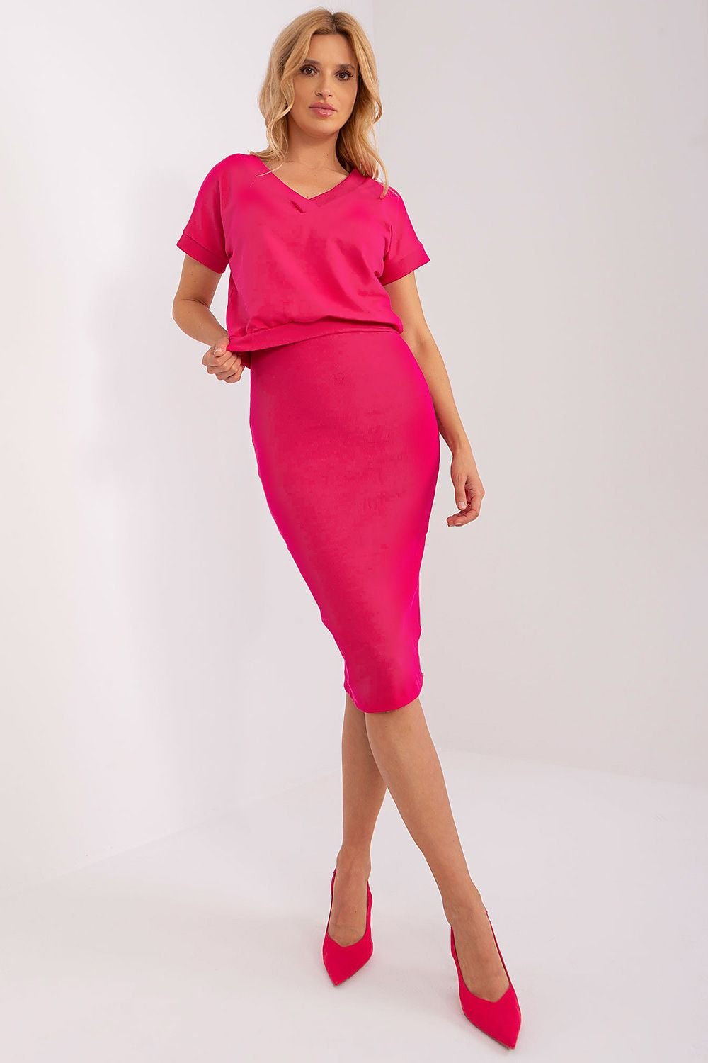 Ashli Loose Blouse Heart Neckline Bodycon Dress Set - Hot Pink
