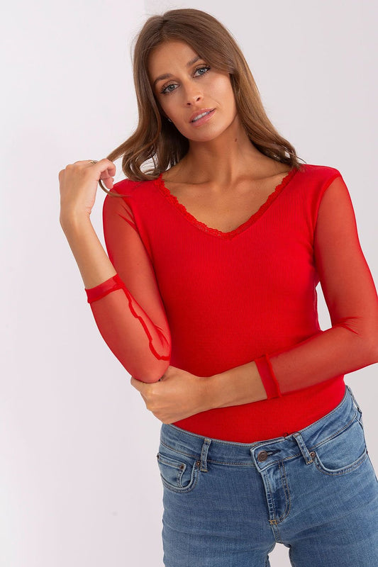Lace Trim V Neck Sheer Quarter Sleeve Shirt - Red