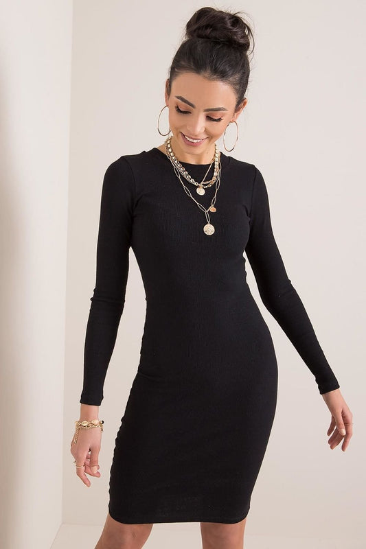 Becka Casual Long Sleeve Stretchy Ribbed Knit Bodycon Dress - Black
