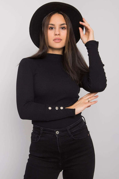 Short Mock Neck Button Wrist Long Sleeve Shirt - Black