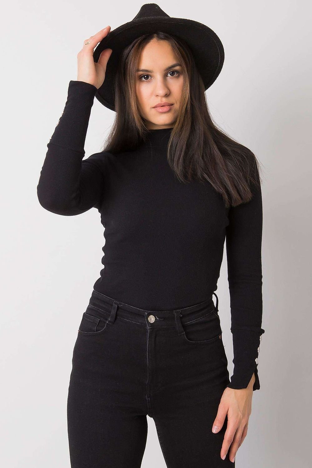 Short Mock Neck Button Wrist Long Sleeve Shirt - Black