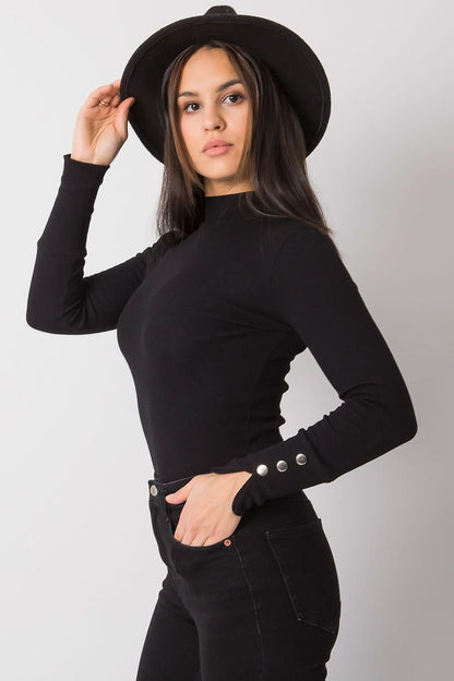 Short Mock Neck Button Wrist Long Sleeve Shirt - Black