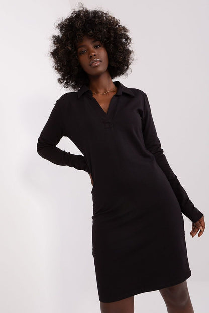 Collared V-Neck Long Sleeve Day Dress - Black