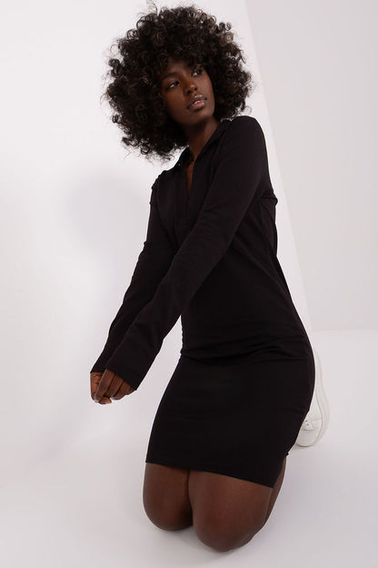 Collared V-Neck Long Sleeve Day Dress - Black