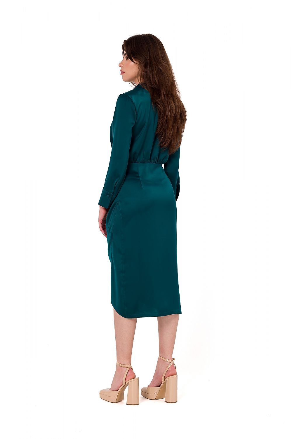 Lindsey Collared V Neckline Long Sleeve Skirted Dress - Emerald Satin