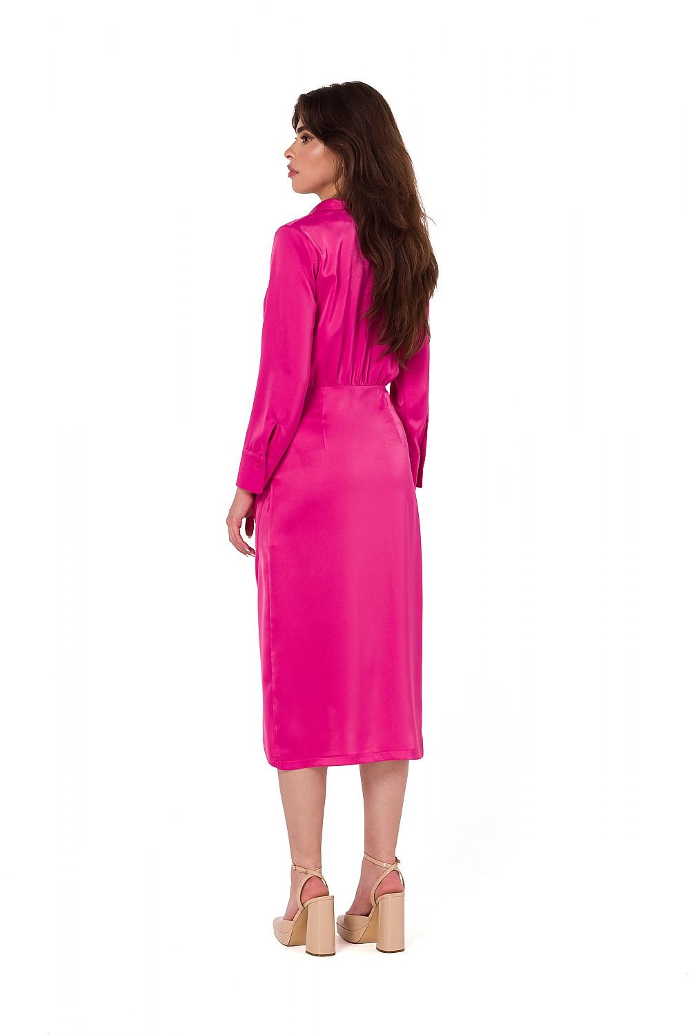 Lindsey Collared V Neckline Long Sleeve Skirted Dress - Neon Pink Satin