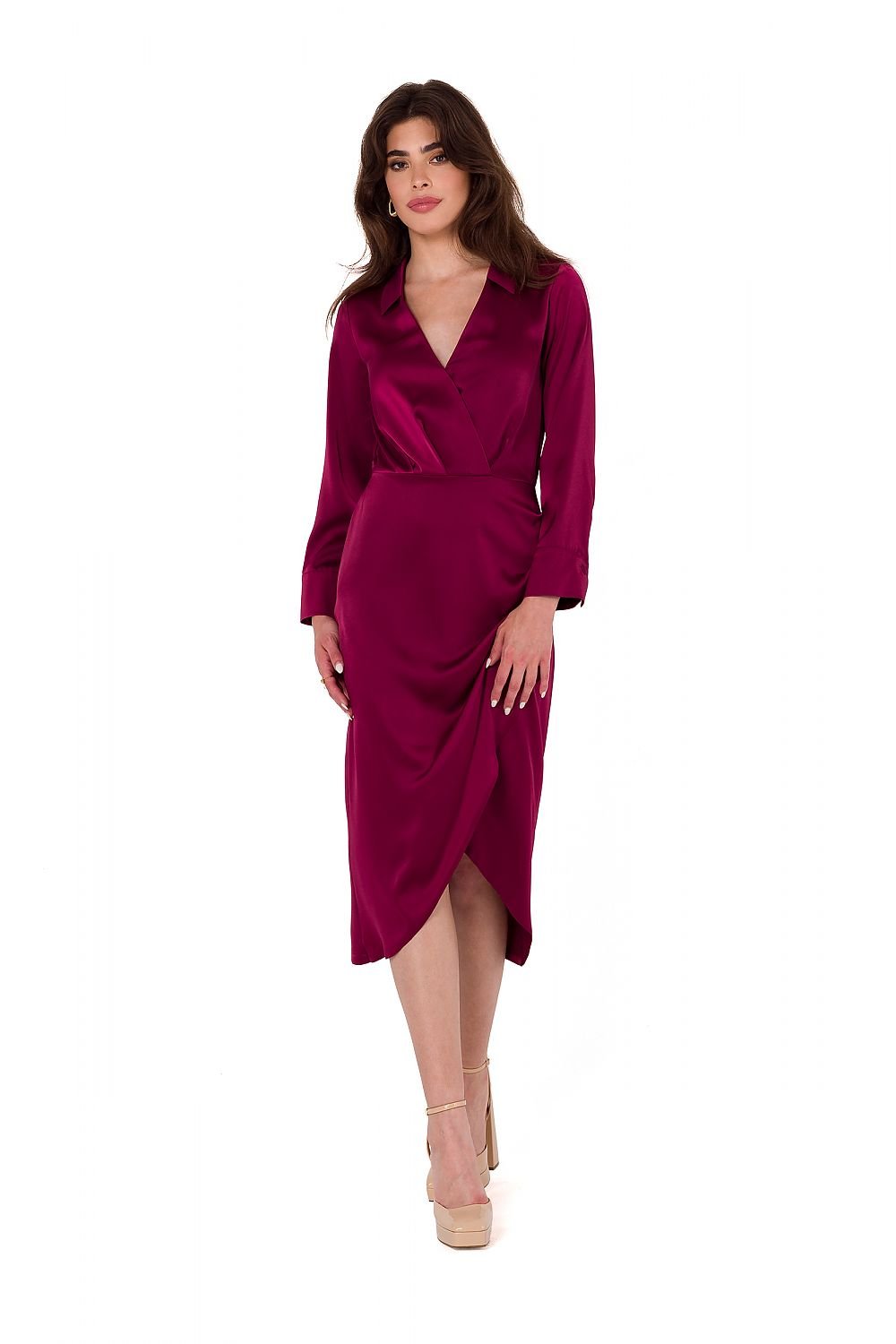 Lindsey Collared V Neckline Long Sleeve Skirted Dress - Burgundy