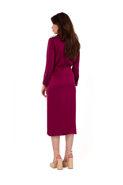 Lindsey Collared V Neckline Long Sleeve Skirted Dress - Burgundy