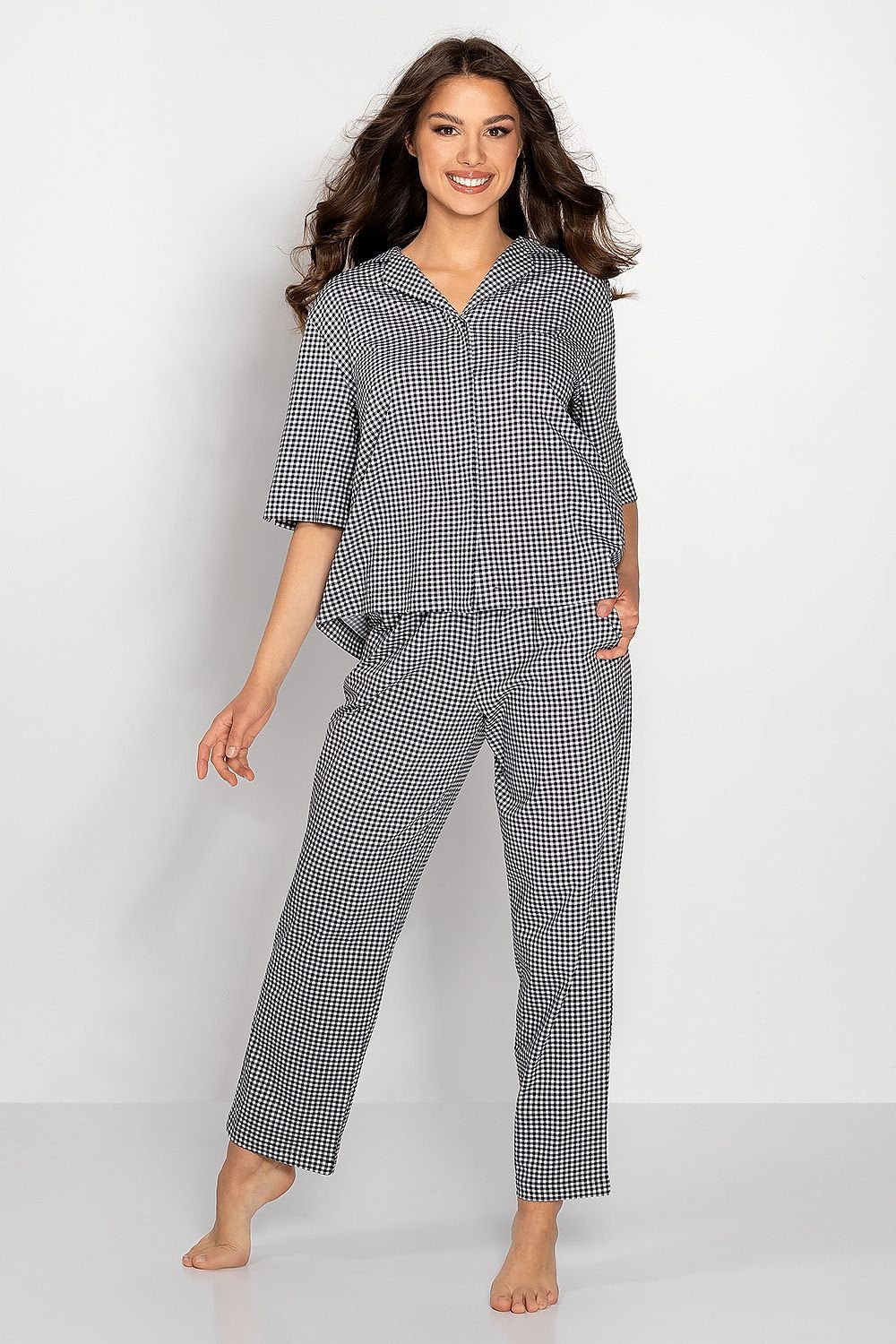 Collared Short Sleeve Checkered Women’s Pajamas Set