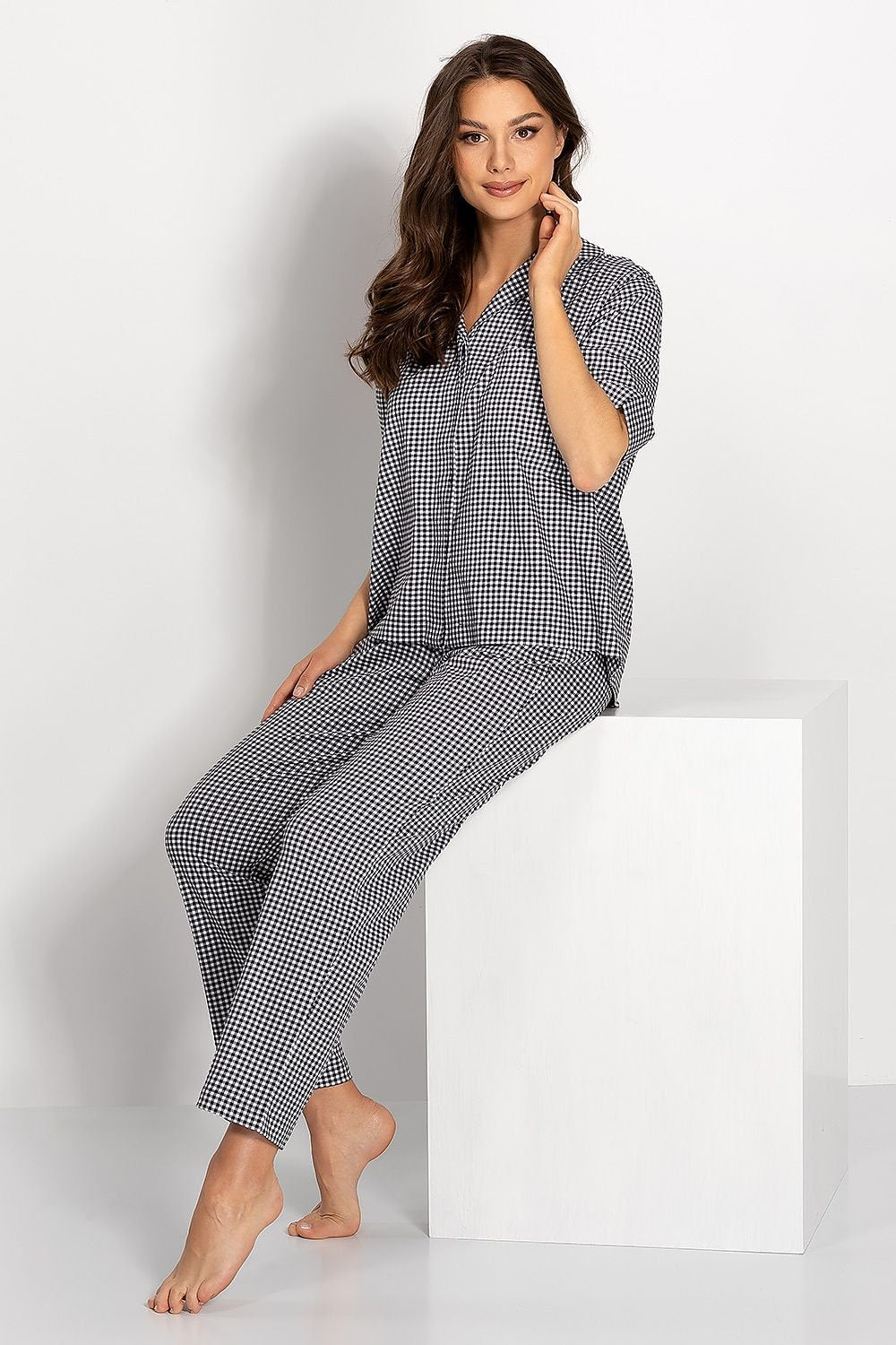 Collared Short Sleeve Checkered Women’s Pajamas Set