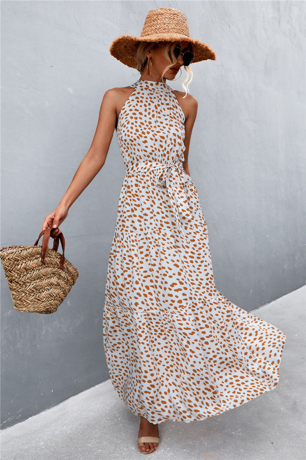 Monet Printed Sleeveless Tie Waist Maxi Dress