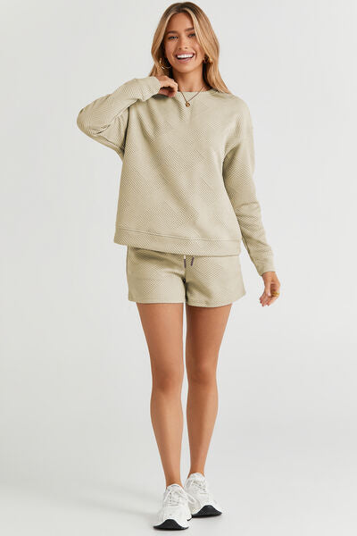 Inu Full Size Texture Long Sleeve Top and Drawstring Shorts Set