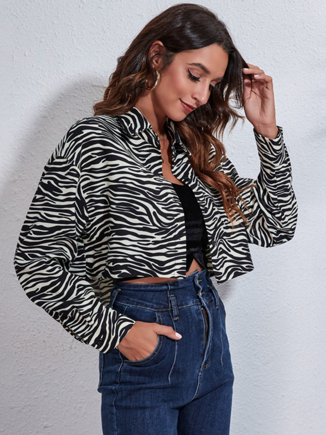 Zebra Print Button Up Collared Neck Cropped Jacket Top