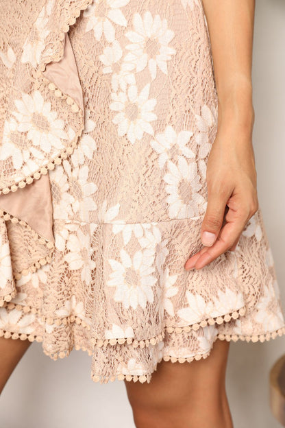 Aimee Floral Lace Pompom Detail Tie-Waist Flutter Sleeve Dress