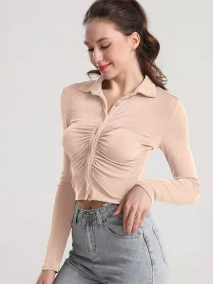 Ruched Button Up Long Sleeve T-Shirt