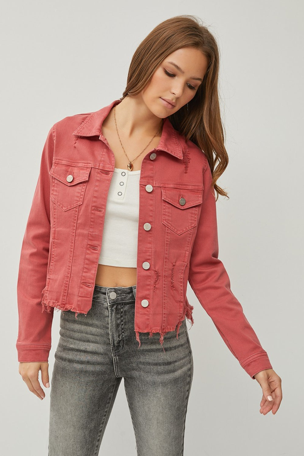 Loren Raw Hem Button Up Cropped Denim Jacket