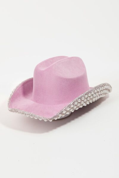 Pavé Rhinestone Pearl Trim Cowboy Hat - Lilac