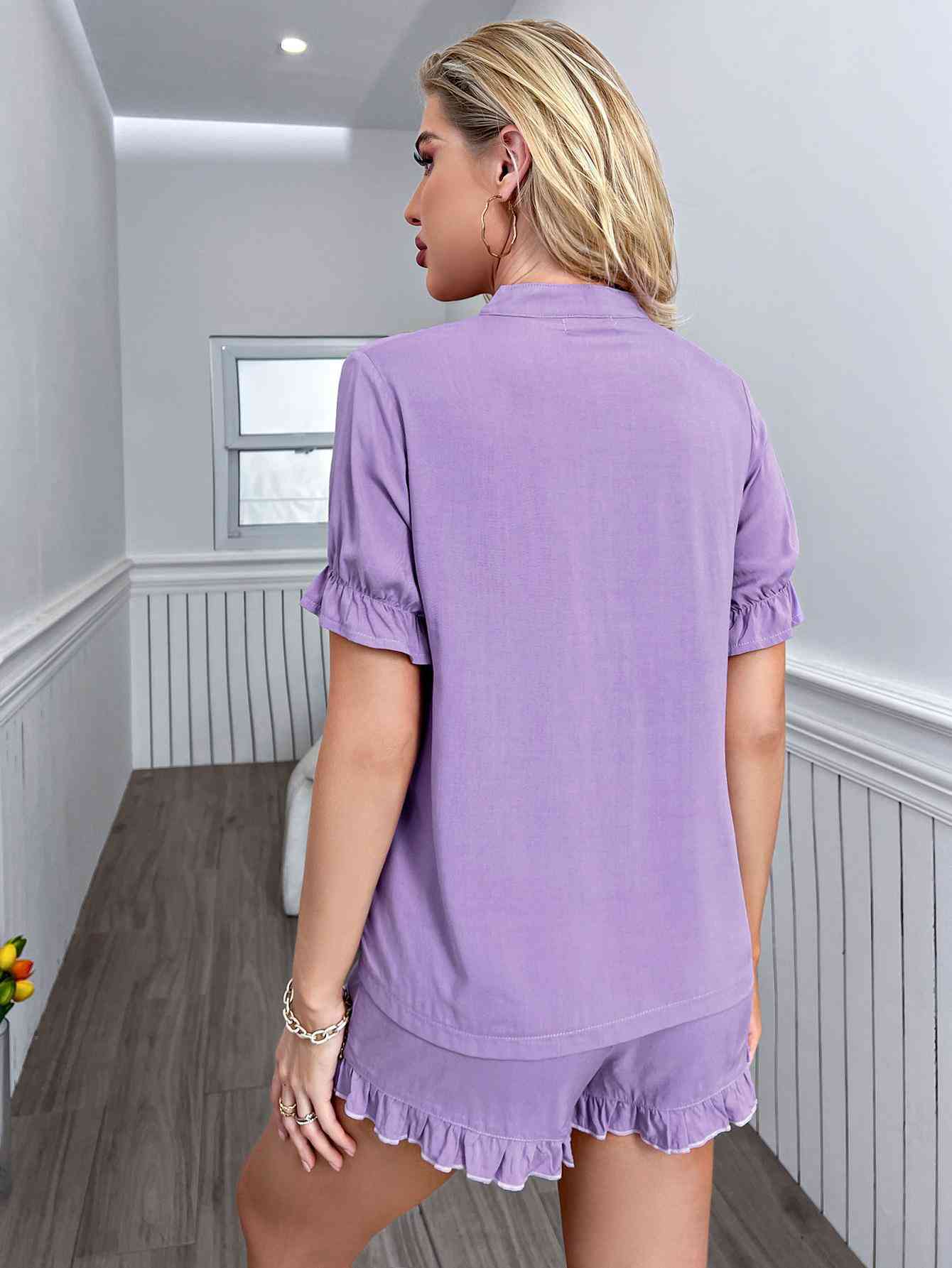 Flounce Sleeve Shirt and Frill Trim Shorts Pajama Lounge Set - Lavender