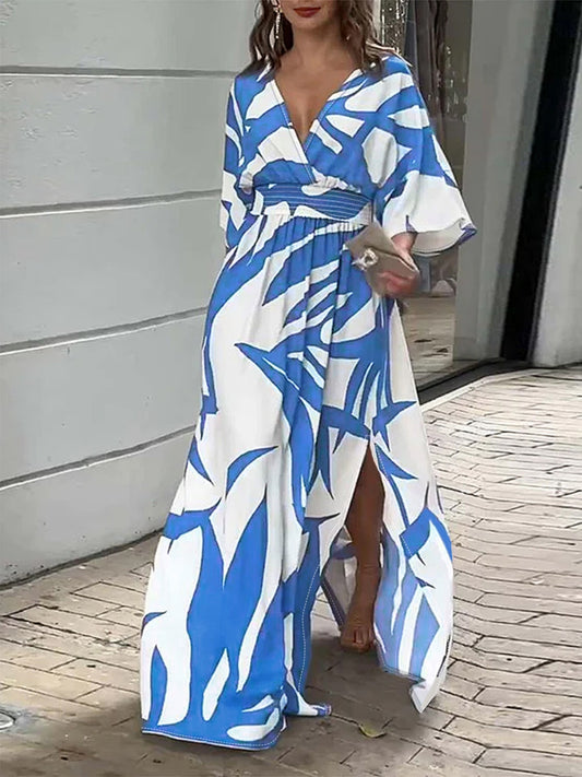 Slit Tropical Print Maxi Dress