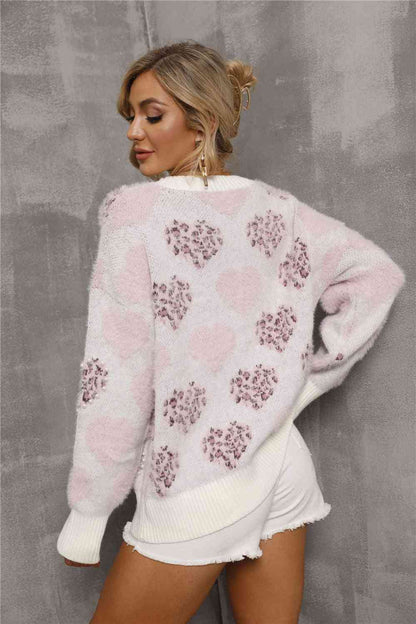 Heart Pattern Round Neck Long Sleeve Sweater