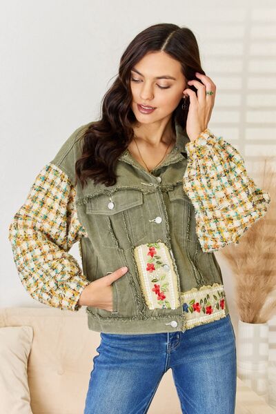 Embroidered Patchwork Button Down Raw Hem Shacket