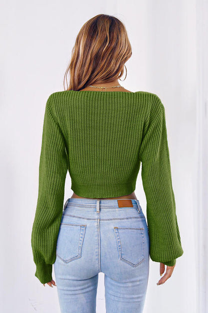 Women's Bow V-Neck Long Sleeve Cropped Sweater