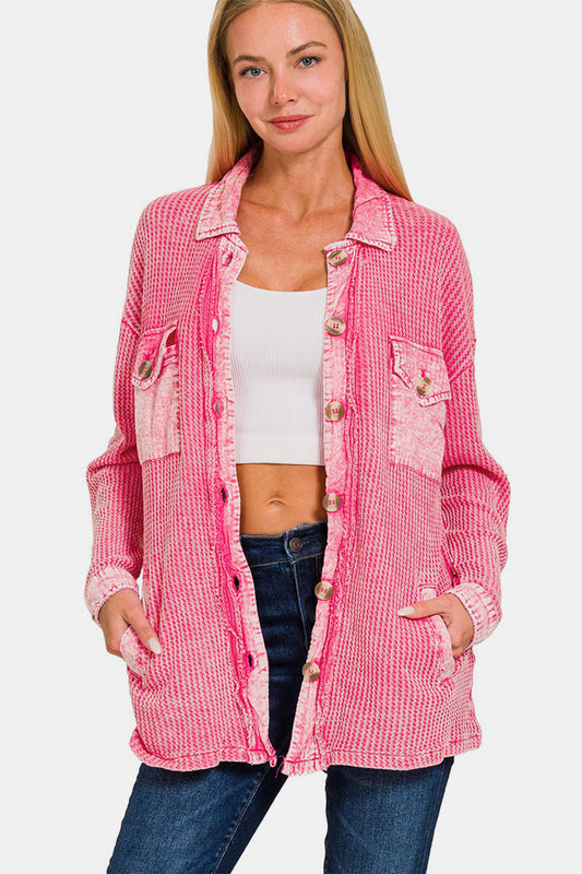 Waffle-Knit Button Up Dropped Shoulder Jacket with Pockets - Pink