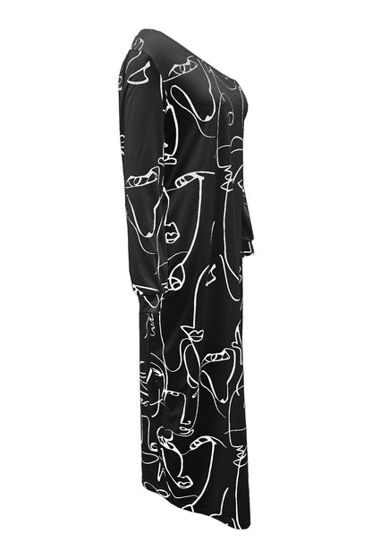 Cara Deco Printed Single Shoulder Lantern Sleeve Maxi Dress