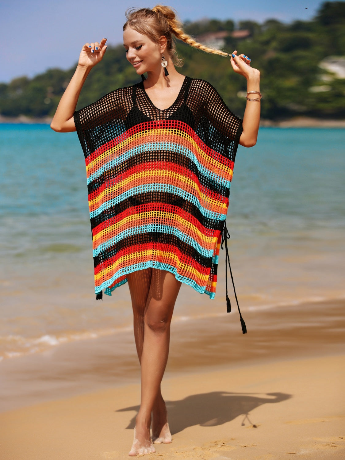 Cutout Striped Swimsuit Cover-Up with Tassel