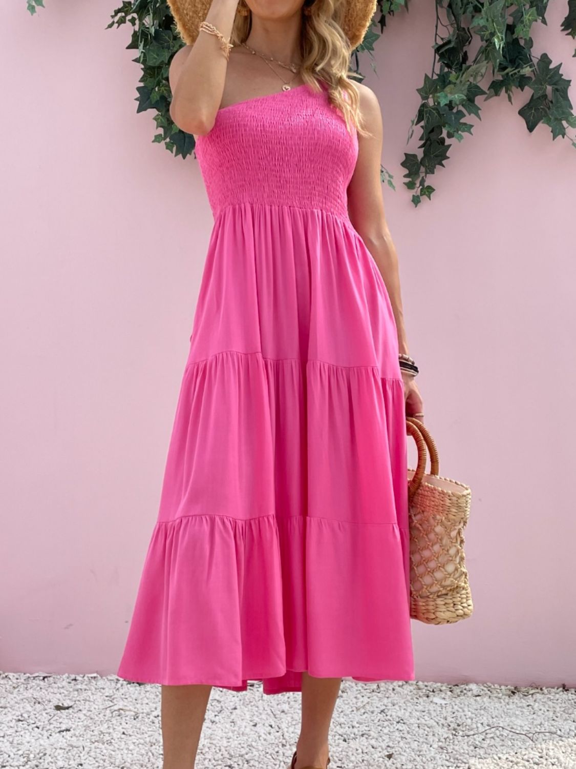 Smocked Single Shoulder Sleeveless Dress - Pink