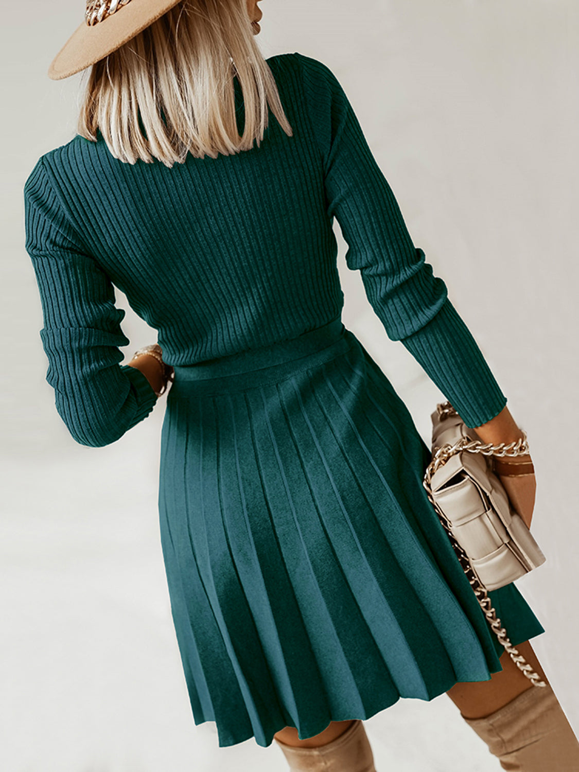 Chloe V Neck Tie Front Pleated Sweater Dress