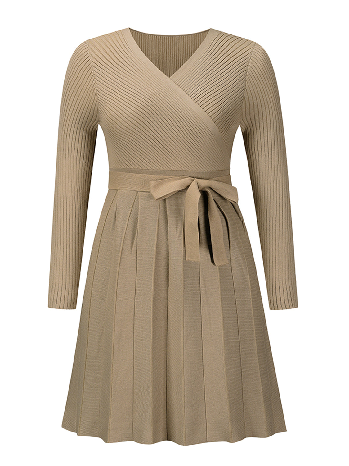 Chloe V Neck Tie Front Pleated Sweater Dress