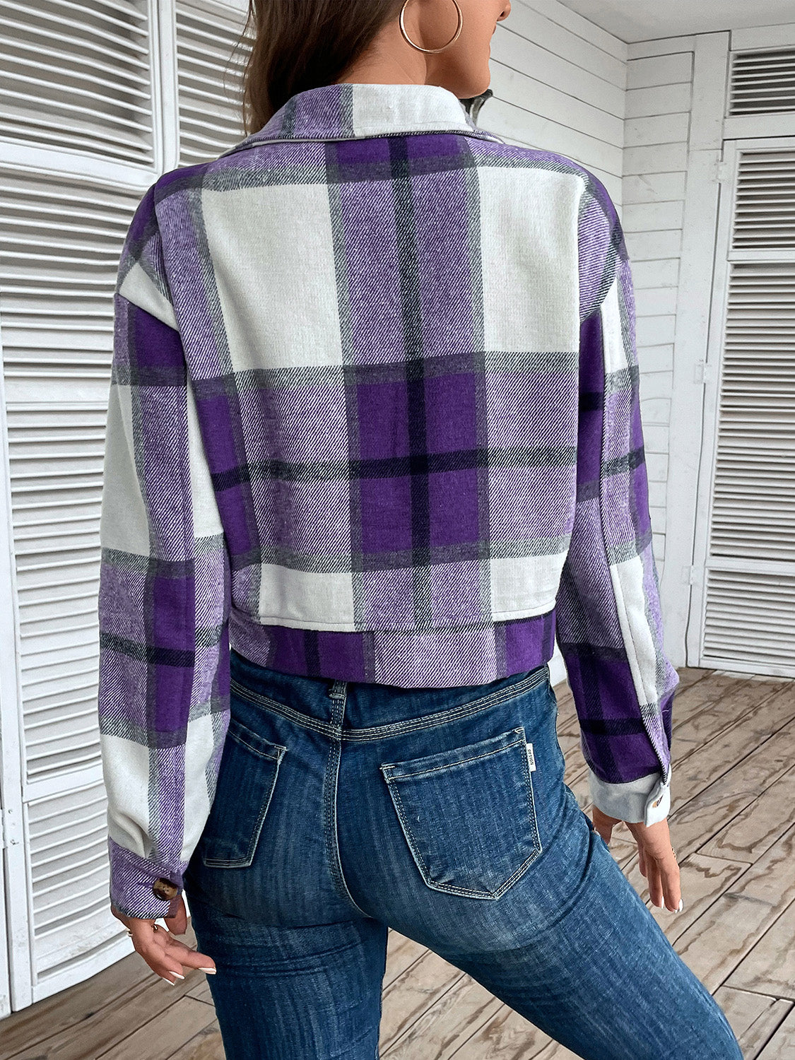 Plaid Button Up Drop Shoulder Cropped Jacket