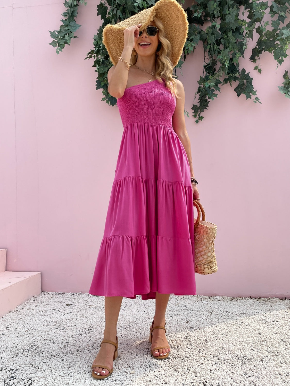 Smocked Single Shoulder Sleeveless Dress - Pink