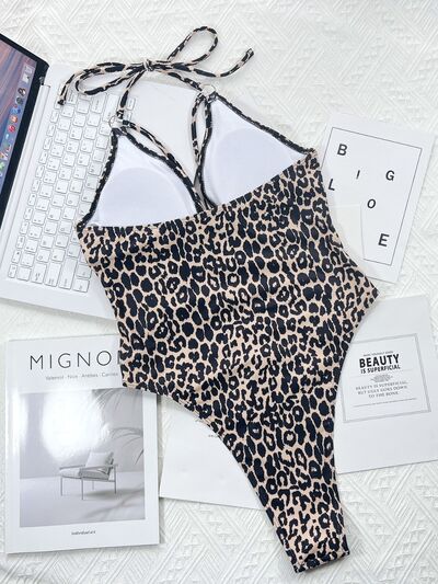 Heidi Leopard Cutout Halter Neck One-Piece Swimwear