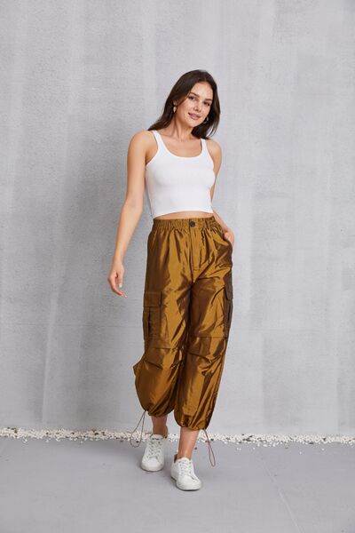 Drawstring High Waist Pants with Cargo Pockets