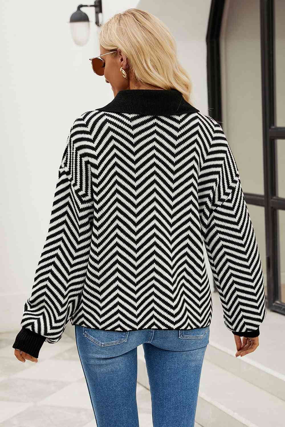 Striped Collared Neck Buttoned Pullover Sweater