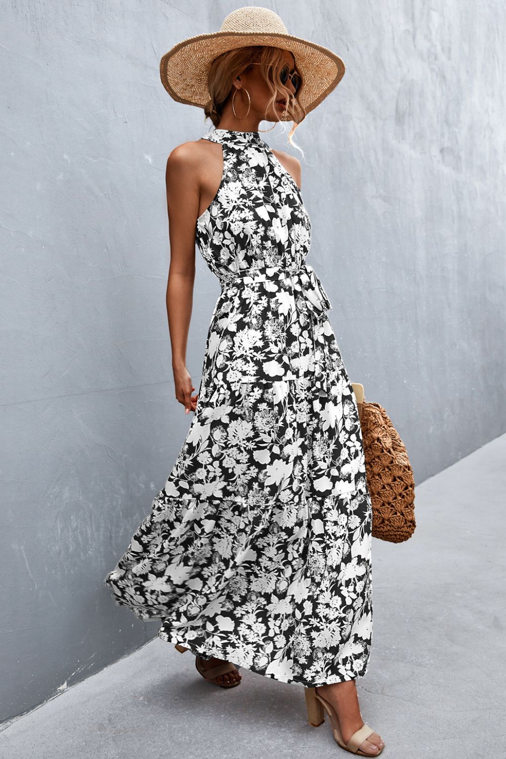 Monet Printed Sleeveless Tie Waist Maxi Dress