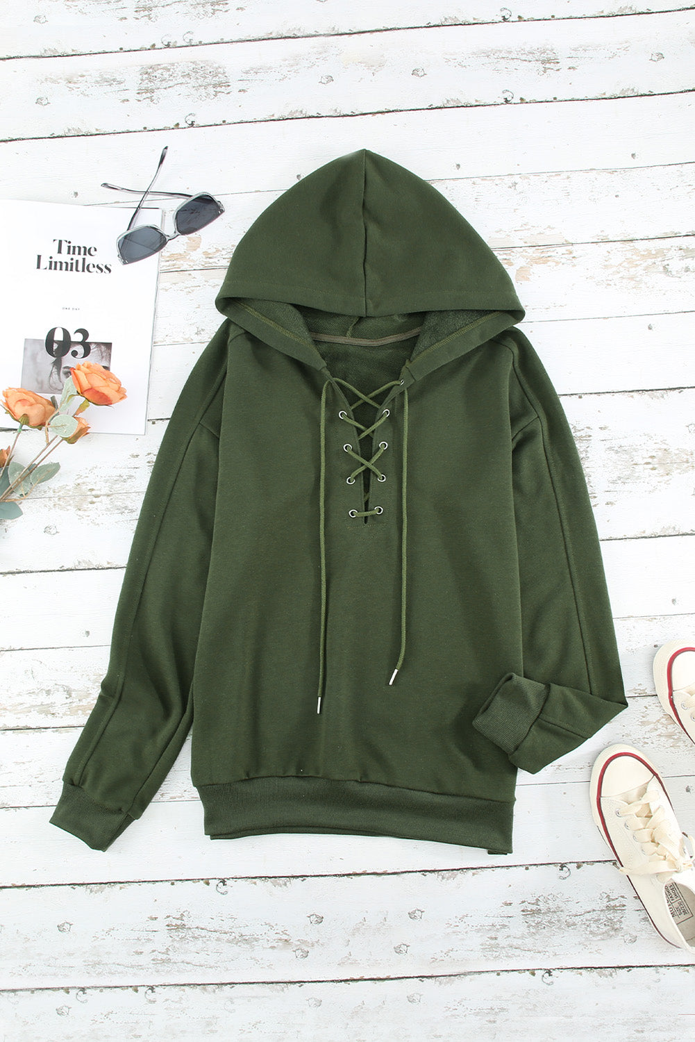 Cotton Lace-Up Dropped Shoulder Hoodie