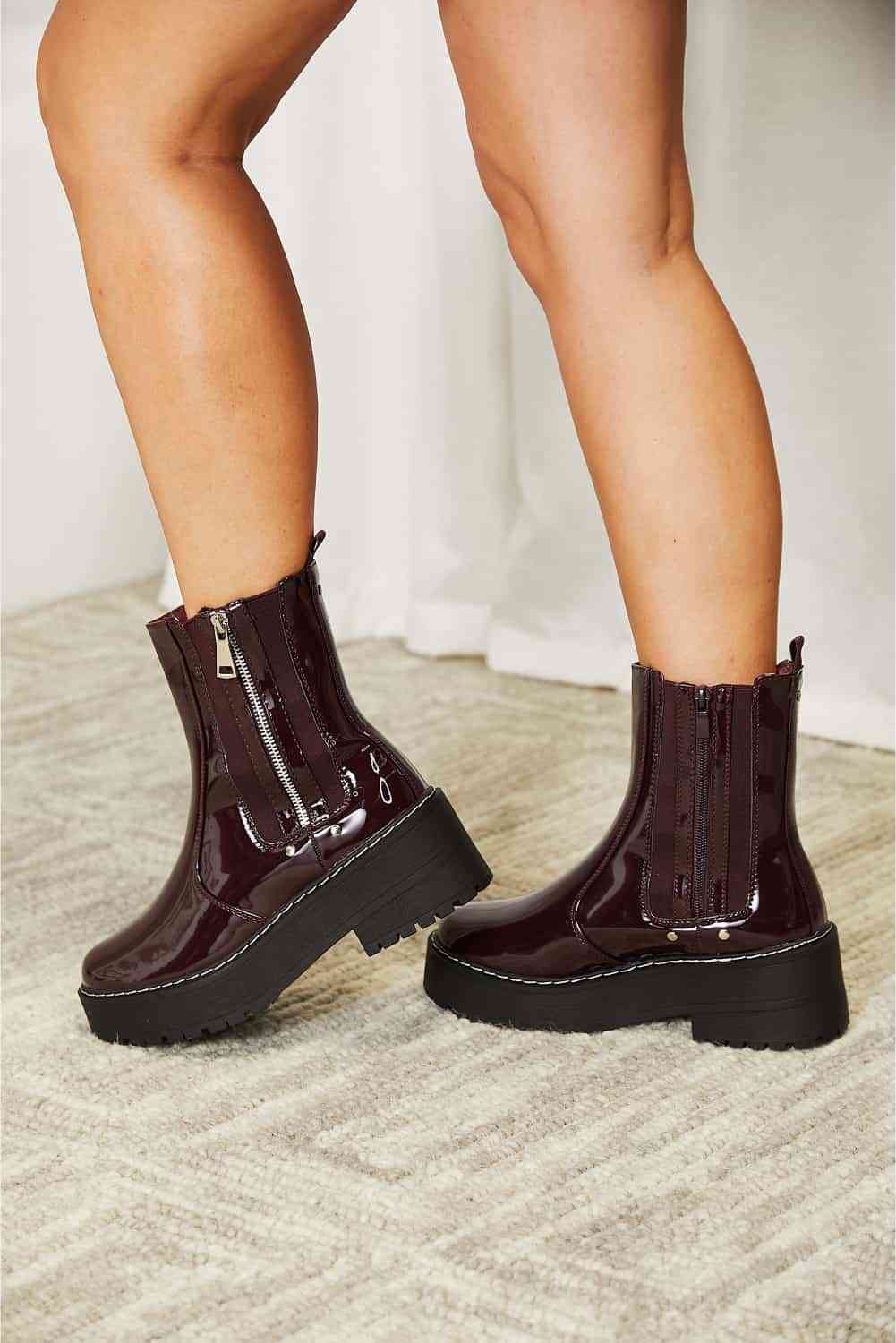 Side Zip Platform Boots - Wine